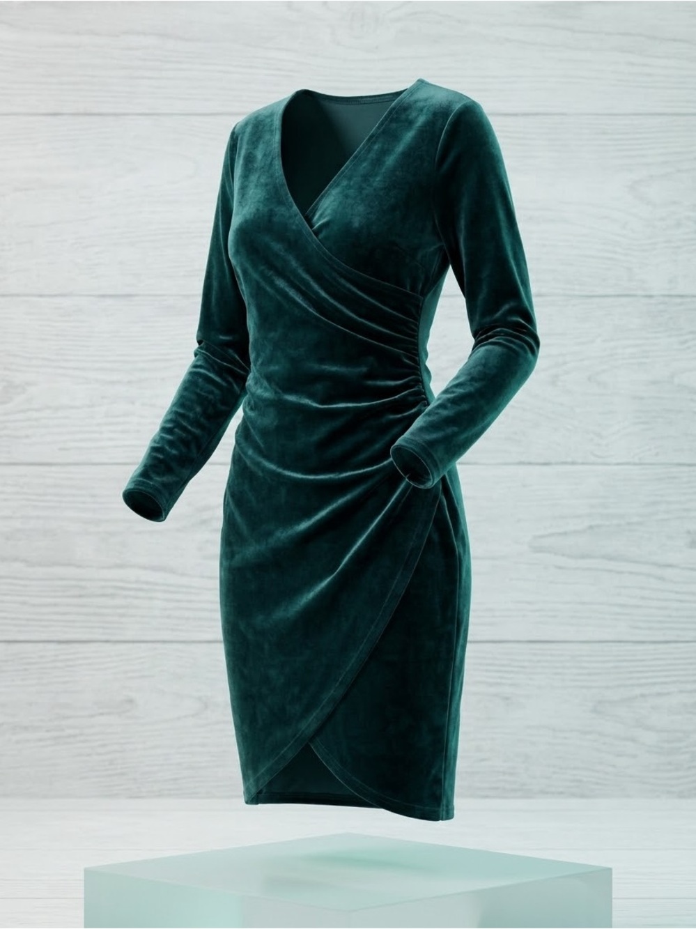 Women’s Green Velvet Asymmetrical Wrap Sheath Dress Long Sleeve Cocktail Small